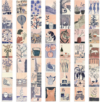 55 portable abstract art stickers in a cute cartoon style, featuring animals, objects, and scenes in pink, blue, and cream. - Image 5