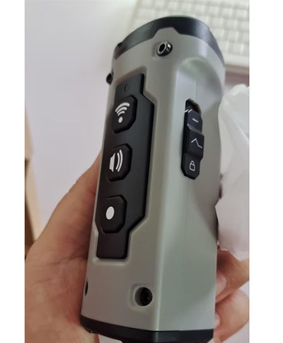 Black handheld ultrasonic dog deterrent device with three sonic emitters and an LED flashlight on a white background. - Image 8