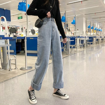 Jeans Retro de Cintura Alta Recta Ancha con Tirantes - Image 10