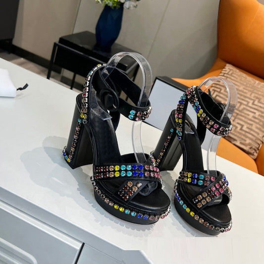 Sandalias Romanas de Tacón Grueso con Plataforma, Cuero Auténtico y Strass