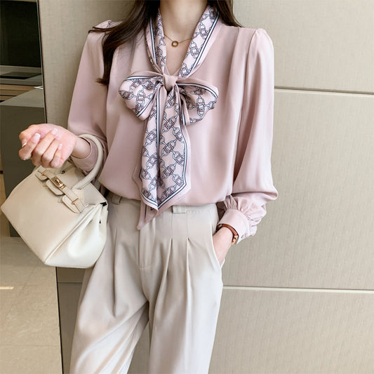 Blusa Profesional Mujer Otoño Manga Larga con Volantes y Lazo