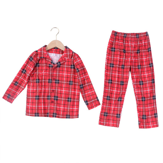Red, black, and white plaid long-sleeve baby romper with a collar and snap closures, hanging on a hanger. - Image 8