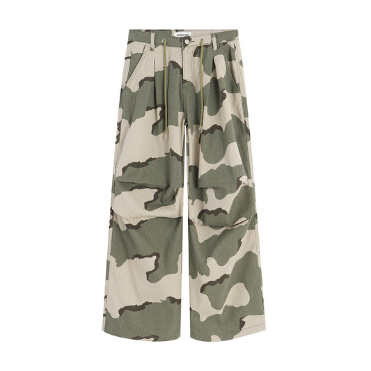 Pantalones Overol Camuflaje Plisados con Cordón - Corte Recto Ancho y Suelto - Image 2
