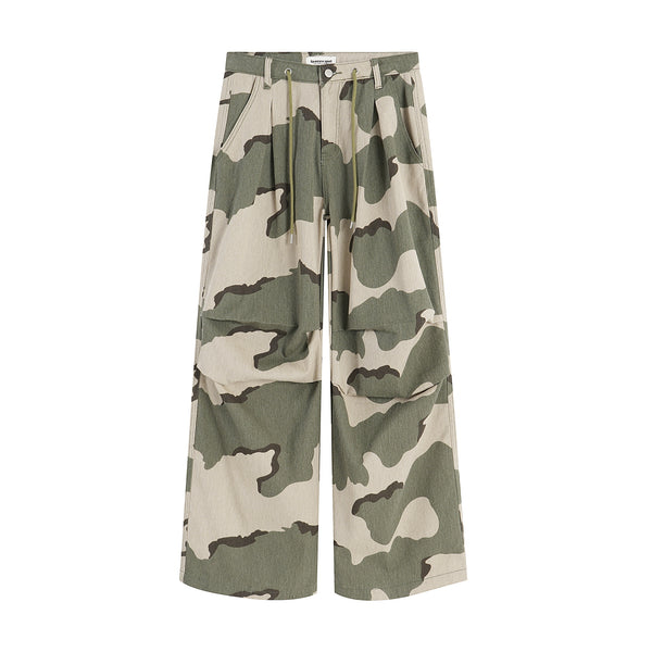 Pantalones Overol Camuflaje Plisados con Cordón - Corte Recto Ancho y Suelto