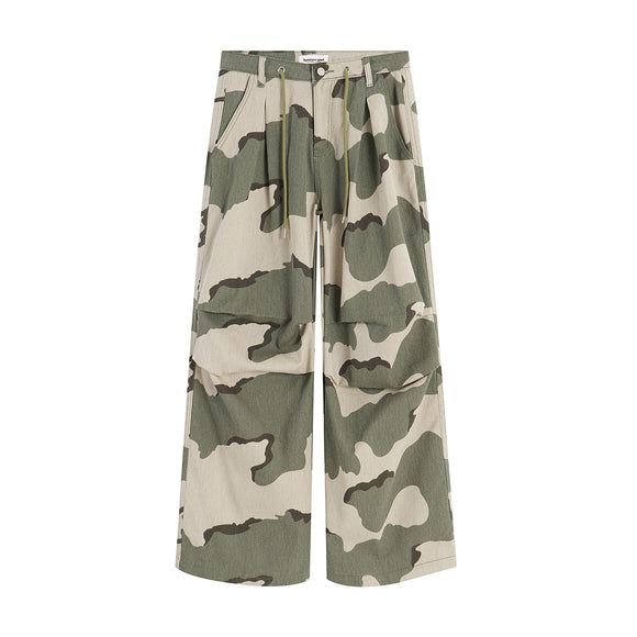 Pantalones Overol Camuflaje Plisados con Cordón - Corte Recto Ancho y Suelto