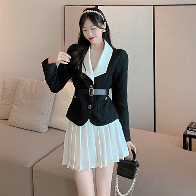 Conjunto de Falda Plisada Alta y Chaqueta Corta con Cinturón - Image 10