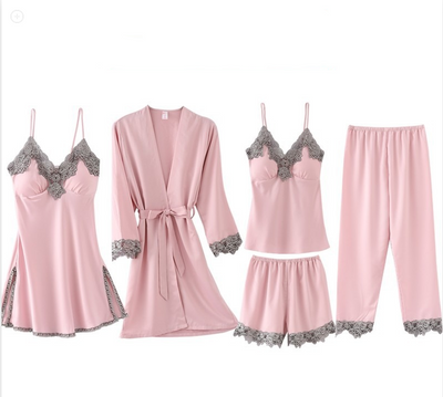 Pijama de Seda Helada Premium - Conjunto de 5 Piezas para Primavera y Verano - Image 10