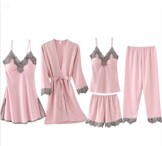 Pijama de Seda Helada Premium - Conjunto de 5 Piezas para Primavera y Verano - Image 10
