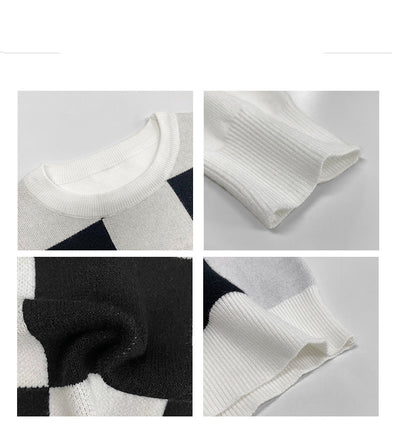 Suéter Retro a Cuadros Blanco y Negro Cuello Redondo para Mujer - Image 9