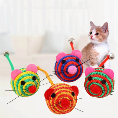 Four colorful nylon rope cat toys shaped like mice, with striped patterns, felt ears, pom-pom noses, and string whiskers. Some have small bells.