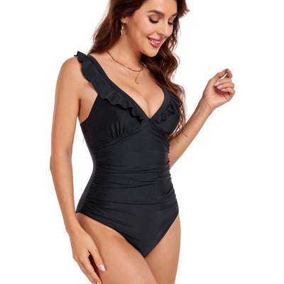 Black one-piece swimsuit with a V-neck, ruffled shoulder straps, and ruched detailing on the torso. - Image 3