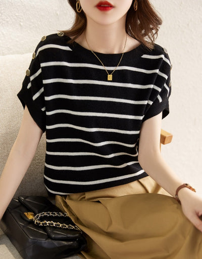 Blusa Rayada Ice Silk Manga Corta Ajustada y Cubriente - Image 14