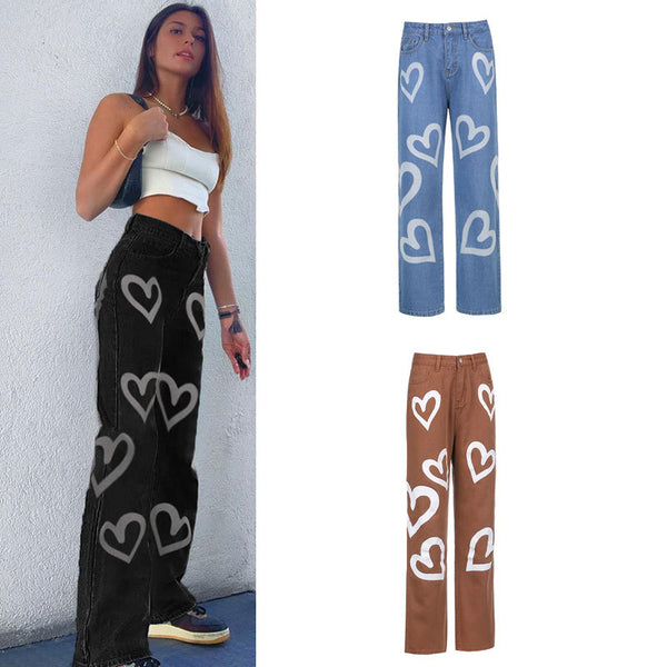 Jeans Rectos Anchos para Mujer con Estampado Love