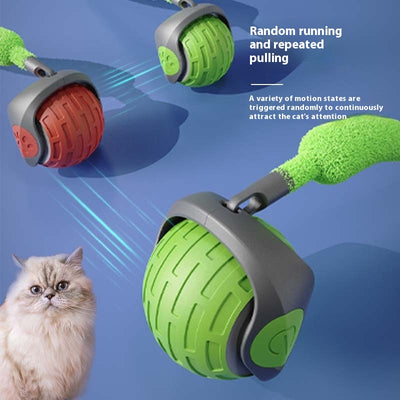 Orange and grey smart pet cat ball, an automatic electric rolling toy with a textured surface and power button. - Image 3
