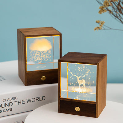 Lámpara Nocturna de Cristal con Diseño de Alce y Nubes - Caja de Madera