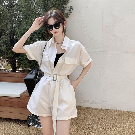 Mono Corto Casual de Verano con Solapa y Cordones - Piernas Anchas para Mujer