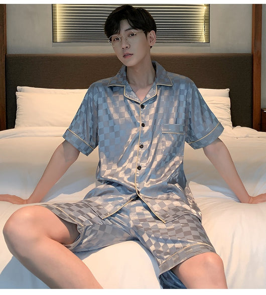 Pijama Hombre Verano Seda Hielo Talla Grande Manga Corta Jacquard Suave - Image 30
