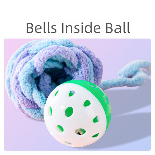 Pink and purple striped plush cat toy ball, made from chunky yarn, designed for silent play and chewing. - Image 3