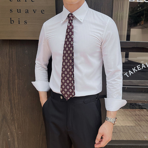 Camisa de Vestir Manga Larga a Rayas para Hombre con Cuello Italiano