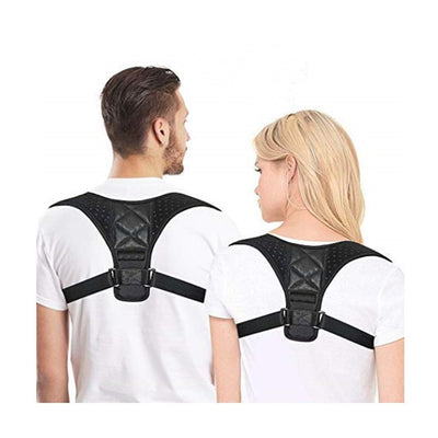 Black clavicle support correction belt worn on a person's back over a white t-shirt, designed for posture. - Image 2