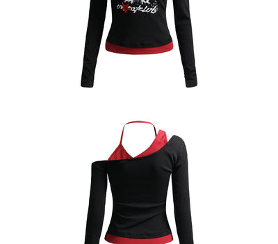Blusa Halter Asimétrica con Patchwork y Manga Larga - Image 12