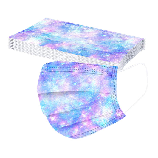 Stack of disposable children's face masks with a purple and blue tie-dye pattern and white ear loops. - Image 13