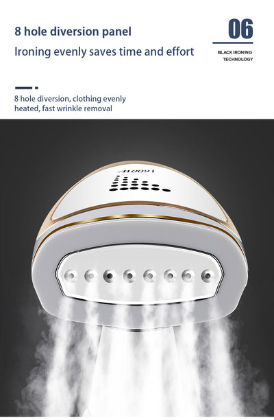 White and gold handheld folding steam iron with clear cistern, long bristle brush, fluff brush, and measuring cup. - Image 8