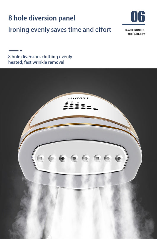 White and gold handheld folding steam iron with clear cistern, long bristle brush, fluff brush, and measuring cup. - Image 8