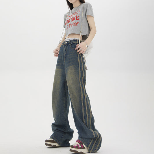 Jeans Rectos Anchos con Rayas Vintage para Mujer
