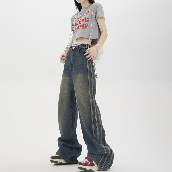Jeans Rectos Anchos con Rayas Vintage para Mujer