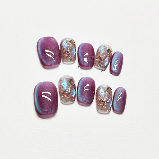 Uñas Postizas Gato Ojo de Gato Púrpura Cortas Removibles - Image 2