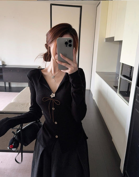 Blusa Elegante Francesa Cuello V Manga Larga Ajustada con Botones - Image 10