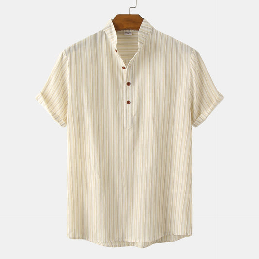 Camisa Casual de Rayas con Cuello Mao Manga Corta para Hombre - Image 2