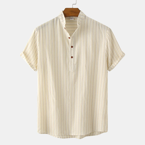 Camisa Casual de Rayas con Cuello Mao Manga Corta para Hombre