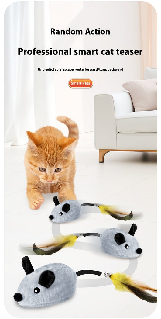 Gray plush electric mouse cat toy with black ears and eyes, featuring a yellow and green feather tail with a bell. Includes a USB charging cable and gift box. - Image 15