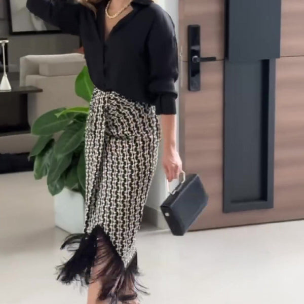 Conjunto Elegante Falda Alta con Blusa de Color Liso para Mujer