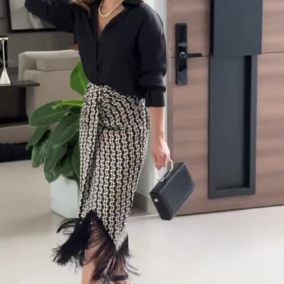 Conjunto Elegante Falda Alta con Blusa de Color Liso para Mujer
