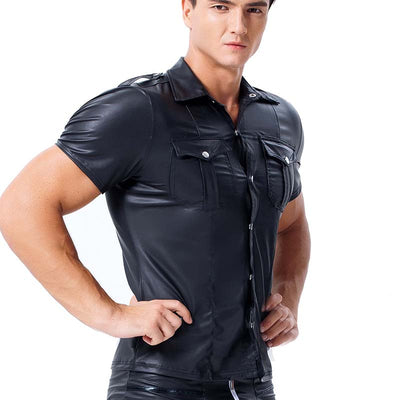 Camisa de Cuero Entallada Manga Corta para Hombre - Image 11