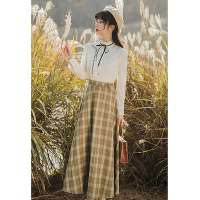 Conjunto Falda y Chaleco Cuadros Retro con Cuello Alto - Image 10