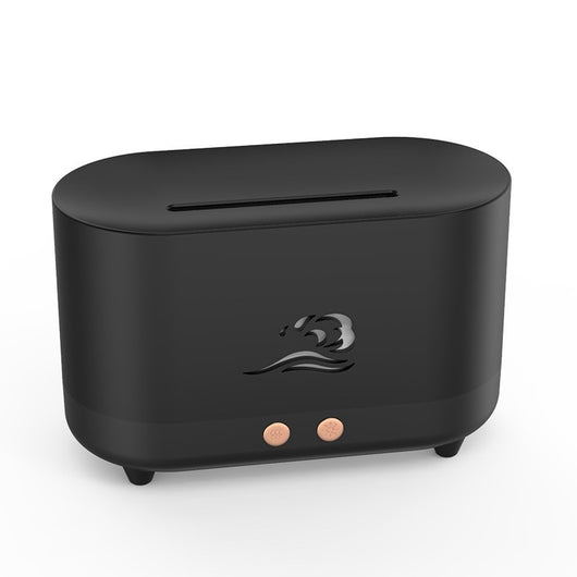 White simulated flame humidifier with a golden wave logo, emitting orange light and mist, on a dark green background. - Image 4