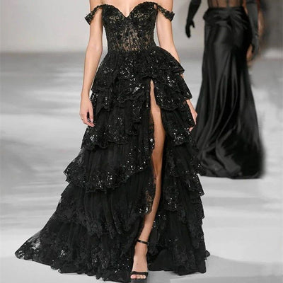 Vestido de Fiesta Satén Negro Elegancia Francesa