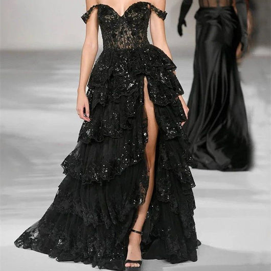 Vestido de Fiesta Satén Negro Elegancia Francesa