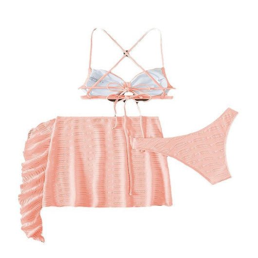 Hot pink lace-up bikini three-piece swimsuit with textured fabric and ruffled sheer cover-up skirt. - Image 5