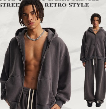 Men's pink washed full-zip hooded jacket and matching sweatpants set, featuring a relaxed fit and drawstring details. - Image 7