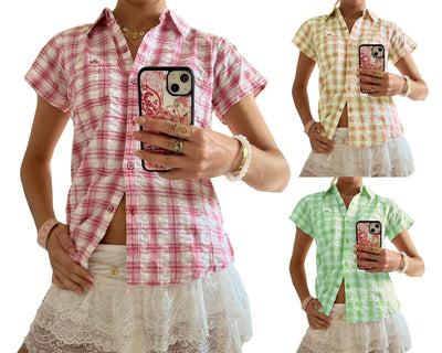 Camisa Cuadros Mujer Manga Corta Suelta Versátil - Image 11