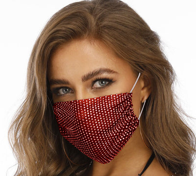 Black fishnet-shaped face mask with star pattern and clear rhinestones, worn by a woman with light brown hair. - Image 11