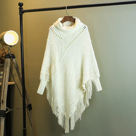 Poncho Tejido Cuello Alto con Flecos - Abrigo Cálido para Otoño e Invierno - Image 3