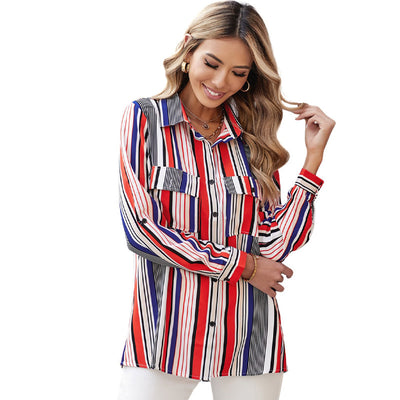 Blusa Rayada Elegante de Solapa Talla Grande con Manga Larga - Image 10
