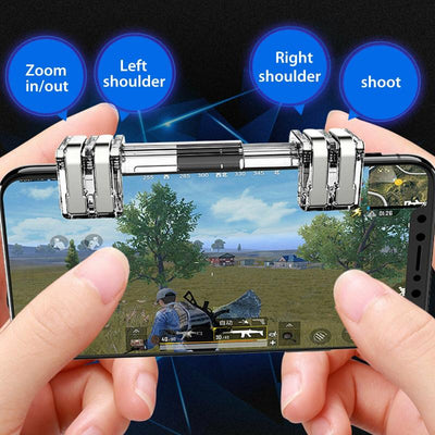 Silver mobile game trigger attached to a black smartphone, enhancing control for faster gaming. - Image 12