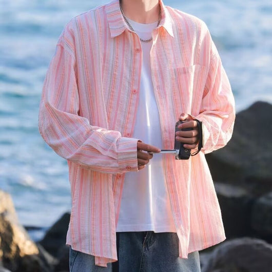 Camisa de Manga Larga Protección Solar Holgada a Rayas para Hombre - Image 5